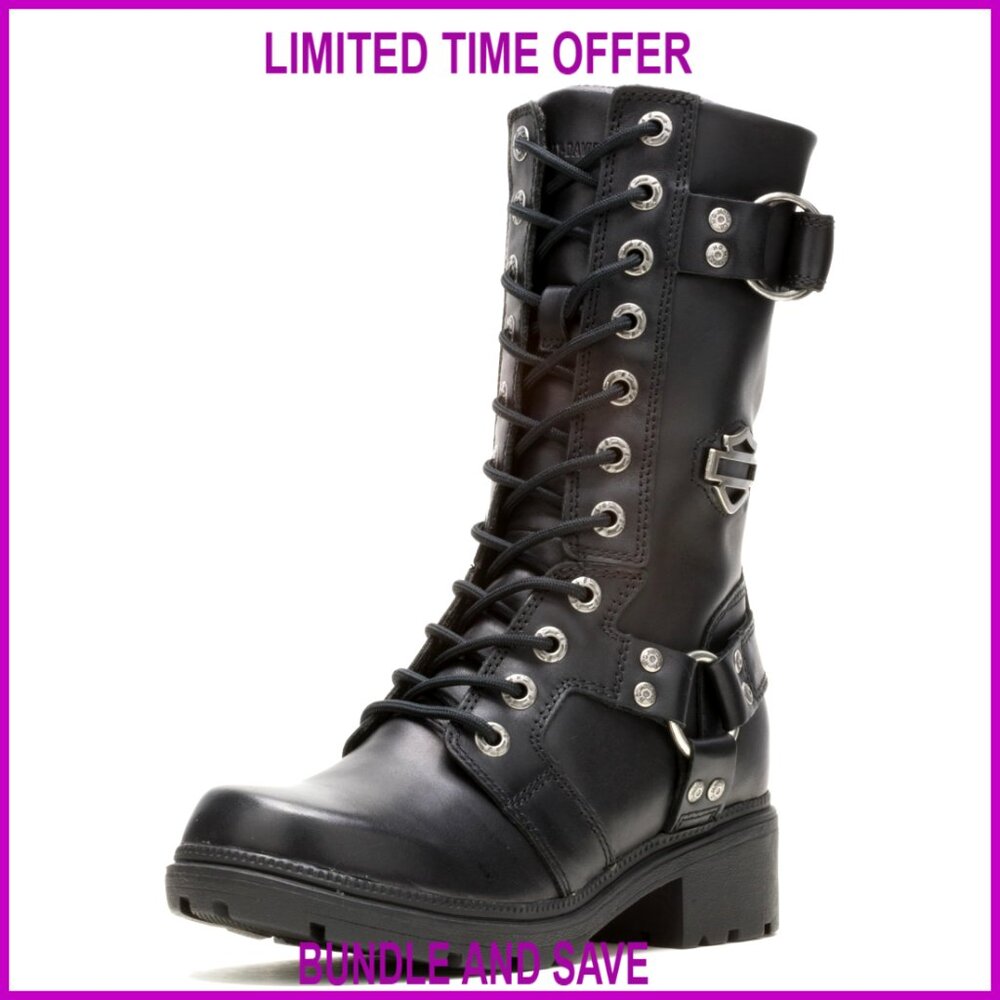 Leather Motorcycle Boots With Harness Detail, Full Zipper, Size 10
